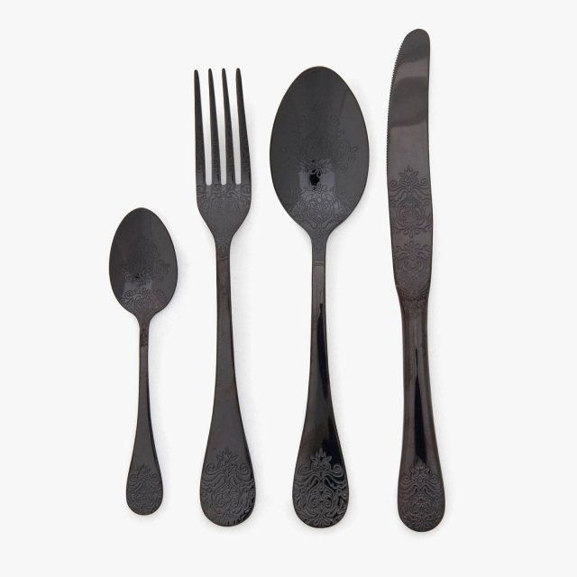 Posate nere Incisione di Zara Home in acciaio inox 18/10 con decorazione Posate nere Incisione di Zara Home in acciaio inox 18/10 con decorazione