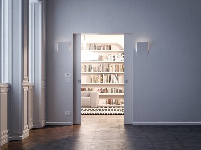 Il controtelaio “ECLISSE Syntesis Luce estensione” per porte scorrevoli a scomparsa a doppia anta non ha finiture esterne. È predisposto per il posizionamento di cablaggi elettrici, per l’inserimento di termostati, prese e scatole elettriche sulla parete dove è alloggiato il controtelaio. È disponibile, per versione intonaco o cartongesso, anche in versione scorrevole ad anta singola. Il modello in foto misura L 70 + 70 x H 210 cm. Prezzo su richiesta. Il controtelaio “ECLISSE Syntesis Luce estensione” per porte scorrevoli a scomparsa a doppia anta non ha finiture esterne. È predisposto per il posizionamento di cablaggi elettrici, per l’inserimento di termostati, prese e scatole elettriche sulla parete dove è alloggiato il controtelaio. È disponibile, per versione intonaco o cartongesso, anche in versione scorrevole ad anta singola. Il modello in foto misura L 70 + 70 x H 210 cm. Prezzo su richiesta.