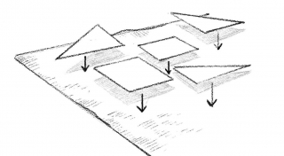 Preparazione ➊ Ritagliare un quadrato 100 x 100 cm dal foglio di carta e disegnare a tutto campo il motivo scelto. ➋ Suddividere il disegno in sezioni e abbinare un colore a ciascuna. ➌ Numerare in successione ogni sezione. Scattare una fotografia come promemoria. ➍ Ritagliare le sagome.
• Esecuzione ➎ Con gli spilli, puntare ogni sezione di carta alla stoffa corrispondente. ➏ Tagliare le eccedenze della stoffa a misura della sagoma, seguendone il profilo. ➐ Ripetere l'operazione per tutte le sezioni. ➑ Su una superficie d'appoggio e iniziando dall'angolo in basso a destra, comporre il patchwork sul panno, posizionando e puntando con uno spillo una sezione di stoffa per volta. ➒ Verificata l'esattezza, procedere al fissaggio di ogni sezione con la colla. Stirare.
