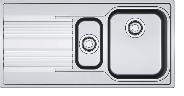 lavello cucina Smart SRX 651 di Franke in acciaio inox satinato con una vasca grande, una piccola e gocciolatoio lavello cucina Smart SRX 651 di Franke in acciaio inox satinato con una vasca grande, una piccola e gocciolatoio