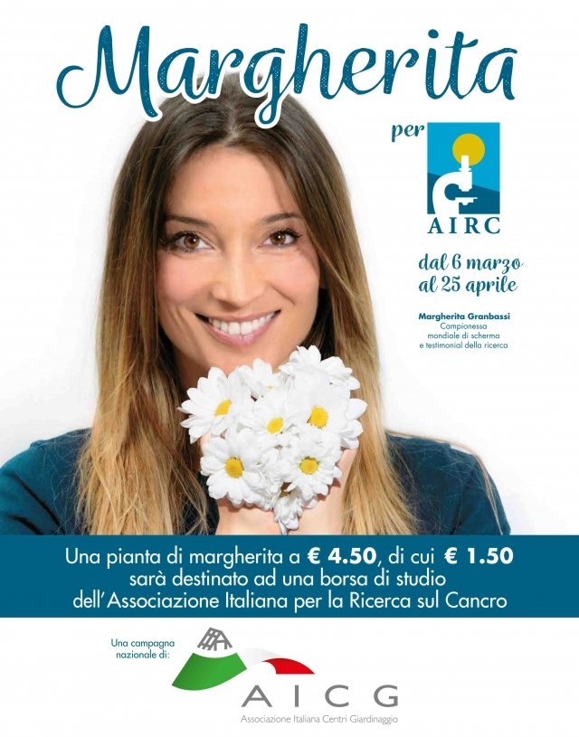 La Margherita solidale avrà anche quest’anno il supporto di un’altra Margherita: la campionessa mondiale di scherma Margherita Granbassi, da anni al fianco dell’Associazione Italiana per la Ricerca sul Cancro nella doppia veste di ambasciatrice e volontaria. La Margherita solidale avrà anche quest’anno il supporto di un’altra Margherita: la campionessa mondiale di scherma Margherita Granbassi, da anni al fianco dell’Associazione Italiana per la Ricerca sul Cancro nella doppia veste di ambasciatrice e volontaria.