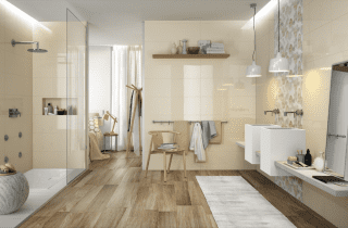 A parete, rivestimento coll. Imperfetto bone + decoro bone/clay. A pavimento, piastrelle coll. Treverkchic Noce Francese A parete, rivestimento coll. Imperfetto bone + decoro bone/clay. A pavimento, piastrelle coll. Treverkchic Noce Francese