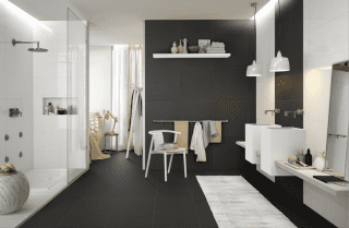 A parete, rivestimento coll. Color Up bianco, e SistemP neutro fango, come a pavimento A parete, rivestimento coll. Color Up bianco, e SistemP neutro fango, come a pavimento