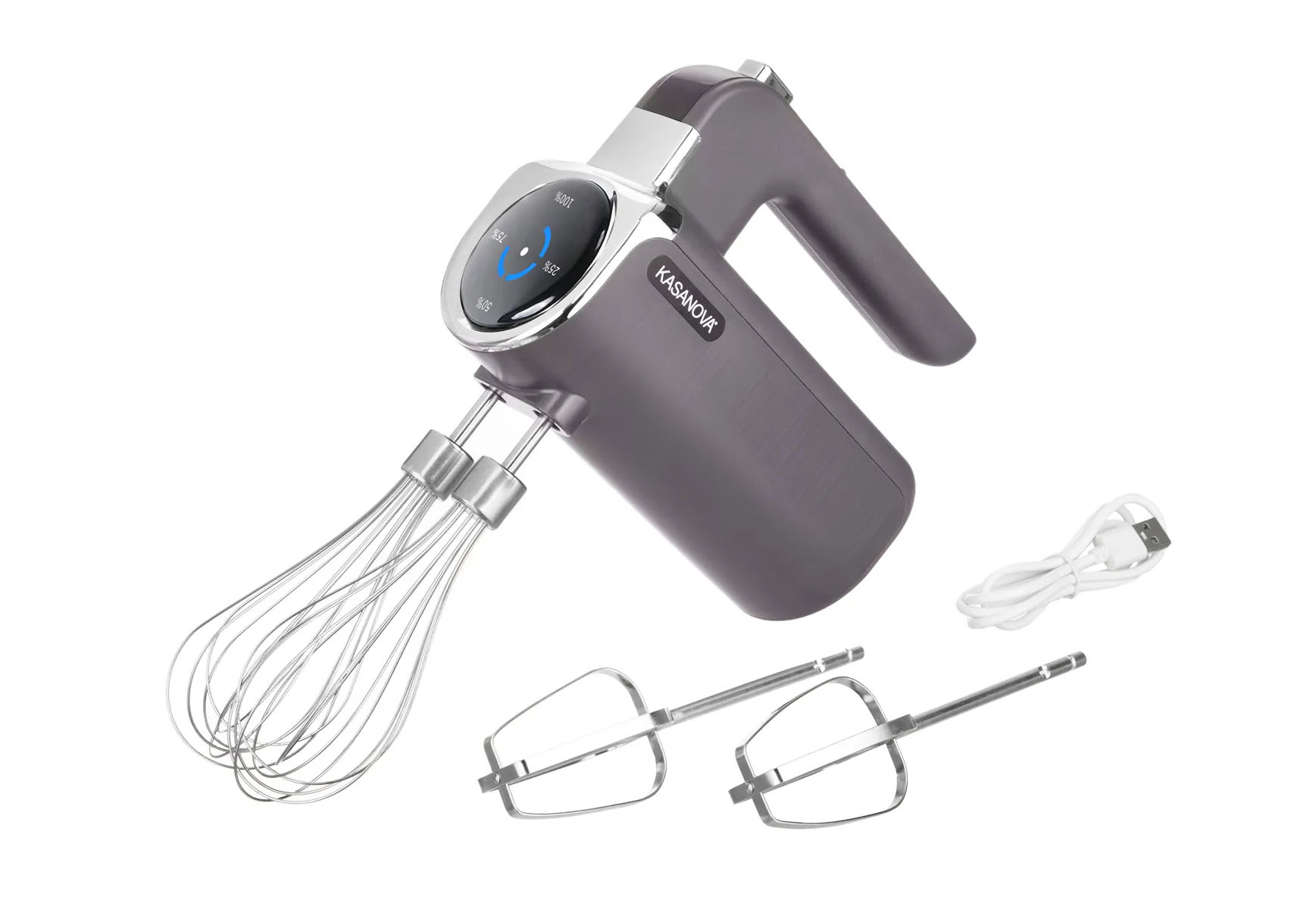 Con lo sbattitore a 2 fruste senza fili di Kasanova è possibile montare, impastare e frullare gli ingredienti con la massima libertà di movimento. Si ricarica come uno smartphone in 3,5 ore e ha potenza di 200 watt. Prezzo 69,90 euro. www.kasanova.com