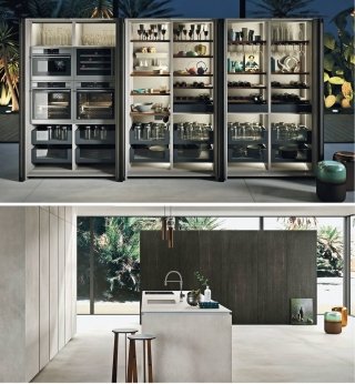armadi in legno rovere carbone di Snaidero equipaggiati con accessori e contenitori interni Passepartout e luci a led incassate sul fianco armadi in legno rovere carbone di Snaidero equipaggiati con accessori e contenitori interni Passepartout e luci a led incassate sul fianco
