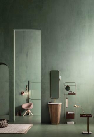 Suede: base lavabo conica L. 55 H. 85 P. 54 impiallacciata noce canaletto con cassetto e cassetto interno; piano in ecomalta talpa con vasca integrata; specchio L. 37.5 H. 122.5 con telaio in metallo bronzo anticato lucido e lampada a led con supporto metallico; servetto L. 50 H. 176 con basamento in ecomalta talpa, struttura in metallo bronzo anticato lucido ed accessori in pelle; tavolino L. 35 H. 53.9 P. 26 con basamento in ecomalta talpa, struttura in metallo bronzo anticato lucido e vassoio in pelle. Suede: base lavabo conica L. 55 H. 85 P. 54 impiallacciata noce canaletto con cassetto e cassetto interno; piano in ecomalta talpa con vasca integrata; specchio L. 37.5 H. 122.5 con telaio in metallo bronzo anticato lucido e lampada a led con supporto metallico; servetto L. 50 H. 176 con basamento in ecomalta talpa, struttura in metallo bronzo anticato lucido ed accessori in pelle; tavolino L. 35 H. 53.9 P. 26 con basamento in ecomalta talpa, struttura in metallo bronzo anticato lucido e vassoio in pelle.