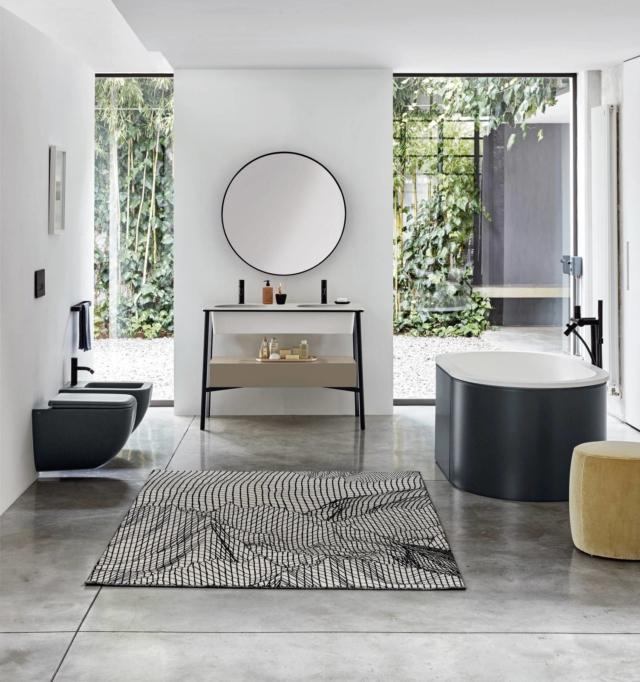 doppio lavabo e specchio rotondo e lineare Collezione I Catini di Cielo in acciaio nero e top marmo nero doppio lavabo e specchio rotondo e lineare Collezione I Catini di Cielo in acciaio nero e top marmo nero