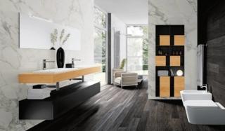 Gola di Archeda nella composizione 25 ha base in laccato e top in rovere naturale con lavandini Svezia in ceramica doppio lavabo Gola di Archeda nella composizione 25 ha base in laccato e top in rovere naturale con lavandini Svezia in ceramica doppio lavabo