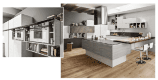 Mango di Arrex in laminato venato Frassinato Grigio (basi e isola) e laminato venato frassinato Platino (pensili) Mango di Arrex in laminato venato Frassinato Grigio (basi e isola) e laminato venato frassinato Platino (pensili)