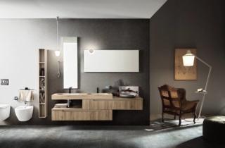 Ryo di Cerasa nella finitura Industrial ha gole laccate e top in Ocritec, rivestito in Hpl, con vasche integrate, specchi con lampade e doppio lavandino Ryo di Cerasa nella finitura Industrial ha gole laccate e top in Ocritec, rivestito in Hpl, con vasche integrate, specchi con lampade e doppio lavandino
