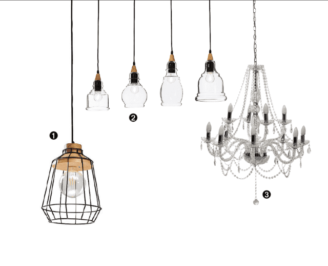 lampade: 1 Freedom Small di Sforzin Illuminazione 2. Gretel di Ideal Lux 3. lampadario Honorine di Maisons du Monde lampade: 1 Freedom Small di Sforzin Illuminazione 2. Gretel di Ideal Lux 3. lampadario Honorine di Maisons du Monde