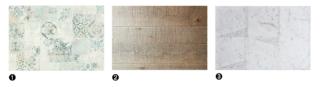 decoro Carpet Luce collezione Terracruda di Ragno in ceramica 2. parquet Segato d'acero di Cadorin con venature grigio/nocciola. 3. Marmo di Carrara di Maro Cristiani decoro Carpet Luce collezione Terracruda di Ragno in ceramica 2. parquet Segato d'acero di Cadorin con venature grigio/nocciola. 3. Marmo di Carrara di Maro Cristiani