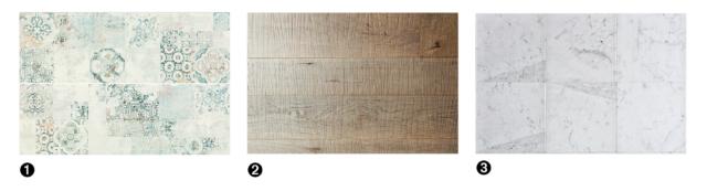 decoro Carpet Luce collezione Terracruda di Ragno in ceramica 2. parquet Segato d'acero di Cadorin con venature grigio/nocciola. 3. Marmo di Carrara di Maro Cristiani decoro Carpet Luce collezione Terracruda di Ragno in ceramica 2. parquet Segato d'acero di Cadorin con venature grigio/nocciola. 3. Marmo di Carrara di Maro Cristiani