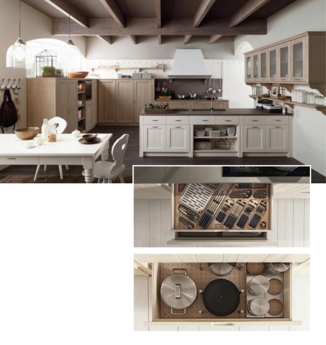 cucina con pensili con ante in vetro e mensole con sostegni sagomati Tabià di Scandola cucina con pensili con ante in vetro e mensole con sostegni sagomati Tabià di Scandola