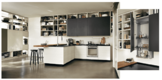 cucina con banco snack in Rovere Vintage e top in Okite Grey Stone Motus di Scavolini cucina con banco snack in Rovere Vintage e top in Okite Grey Stone Motus di Scavolini