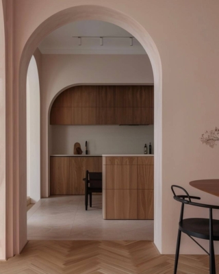 minimalist interior hallway with an arched doorway, smooth blush pink walls, natural soft light, light oak wood cabinets with vertical grain, herringbone wooden floor, modern clean lines, neutral color palette, simple black dining table with wooden top and one chair, refined and calm atmosphere, contemporary architecture, 4:5 aspect ratio --ar 4:5 --raw --v 6 Job ID: f0eedb70-4e96-4c33-b417-cc1a7e41560a minimalist interior hallway with an arched doorway, smooth blush pink walls, natural soft light, light oak wood cabinets with vertical grain, herringbone wooden floor, modern clean lines, neutral color palette, simple black dining table with wooden top and one chair, refined and calm atmosphere, contemporary architecture, 4:5 aspect ratio --ar 4:5 --raw --v 6 Job ID: f0eedb70-4e96-4c33-b417-cc1a7e41560a