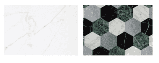 A sinistra. Rivestimento in bicottura effetto marmo Calacatta Julia di Iperceramica. A destra. Pavimento policromo in esagoni di marmo Laurentina, coll. Marmo di Bisazza A sinistra. Rivestimento in bicottura effetto marmo Calacatta Julia di Iperceramica. A destra. Pavimento policromo in esagoni di marmo Laurentina, coll. Marmo di Bisazza