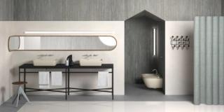 Color Element: Creta. Collezione Sand: Lavabo 60x38 – Collezione Pura: Wc Dual Glaze e Bidet 55x36
