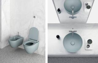 Color Element: Ghiaccio. Collezione Pura: Wc Dual Glaze e Bidet  55x36 – Collezione Sand: Lavabo Ø40