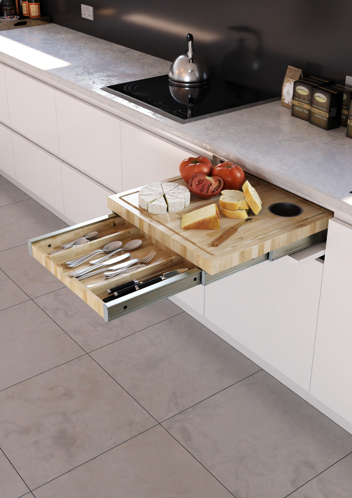 Porta coltelli, tagliere removibile, cestino per il mixer o per i rifiuti: un solo sistema, mille possibilità di uso. Blade di Atim crea una postazione dedicata alla preparazione dei pasti che si rivela soltanto quando necessaria: è sempre possibile accedere al solo cassetto, oppure aprire l’intero tagliere di grandi dimensioni con cestino in alluminio, entrambi completamente removibili per facilitarne la pulizia. www.atimspa.com