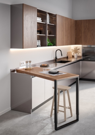 Sestante di Atim è un piano scorrevole e girevole che può essere applicato su un’isola o su una cucina lineare. Appena si rende necessario, è possibile girare e ruotare Sestante per creare un supporto per la preparazione dei pasti o per far sedere più persone a tavola durante la cena. È disponibile nella versione senza gambe o con ponte gamba di altezza regolabile, che conferisce al meccanismo forza, stabilità e un’elevata portata. www.atimspa.com Sestante di Atim è un piano scorrevole e girevole che può essere applicato su un’isola o su una cucina lineare. Appena si rende necessario, è possibile girare e ruotare Sestante per creare un supporto per la preparazione dei pasti o per far sedere più persone a tavola durante la cena. È disponibile nella versione senza gambe o con ponte gamba di altezza regolabile, che conferisce al meccanismo forza, stabilità e un’elevata portata. www.atimspa.com