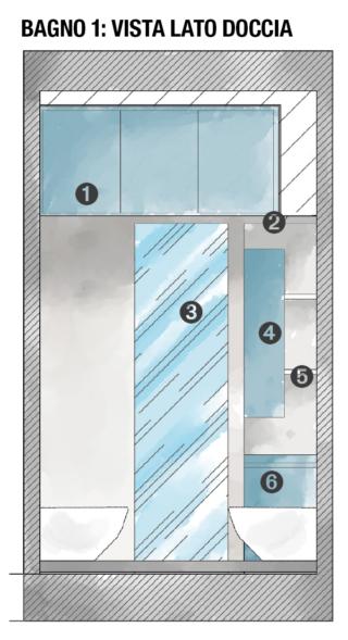 ribassamento in cartongesso del plafone si estende ai lati oltre il box doccia, facendo ricavare un capiente volume per contenere, chiuso con ante. ribassamento in cartongesso del plafone si estende ai lati oltre il box doccia, facendo ricavare un capiente volume per contenere, chiuso con ante.