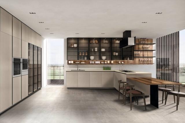 cucina ad angolo con penisola e cappa in metallo Telero di Euromobil cucina ad angolo con penisola e cappa in metallo Telero di Euromobil