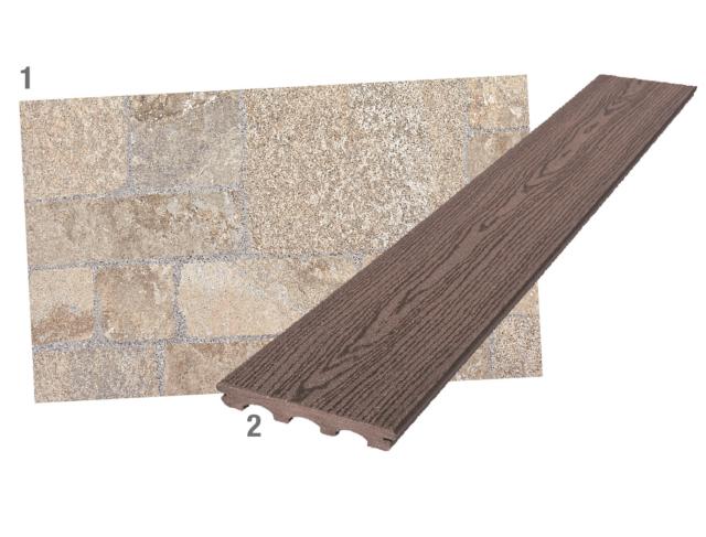 1. in gres porcellanato per esterni, il rivestimento Gubbio di Iperceramica (www.iperceramica.it) ha effetto pietra e misura 30 x 60,4 cm, sp. 8,2 mm. Al mq costa 9,99 euro.
2. Il listone in legno composito per i pavimenti di terrazzi e giardini si fissa con clip. Di Leroy Merlin (www.leroymerlin.it), misura 15 x 300 cm, sp. 2,1 cm e al mq costa 31 euro. 1. in gres porcellanato per esterni, il rivestimento Gubbio di Iperceramica (www.iperceramica.it) ha effetto pietra e misura 30 x 60,4 cm, sp. 8,2 mm. Al mq costa 9,99 euro.
2. Il listone in legno composito per i pavimenti di terrazzi e giardini si fissa con clip. Di Leroy Merlin (www.leroymerlin.it), misura 15 x 300 cm, sp. 2,1 cm e al mq costa 31 euro.
