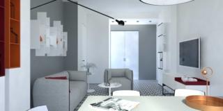 Progetto in 3D per arredare il soggiorno rettangolare di dimensioni contenute