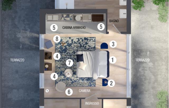 Tutto di Lema: 1 letto VICTORIANO, tessuto blu e struttura legno scuro - 2 comodino VIC con cassetto, laccato lucido blu e legno scuro - 3 comodino VIC senza cassetto, laccato lucido blu e legno scuro - 4 cassettiera a colonna NINE, rovere termotrattato 5 cabina armadio HANGAR, composizione lineare, struttura (montanti e traversi) in metallo anodizzato sand, pannellatura retro in larice grigio, contenitori in laccato opaco ghiaia, ripiani in vetro 6 poltroncina BICE, tessuto beige e struttura in metallo scuro 7 POUF ROTONDO, ecopelle beige 8 POUF QUADRATO, tessuto blu Tutto di Lema: 1 letto VICTORIANO, tessuto blu e struttura legno scuro - 2 comodino VIC con cassetto, laccato lucido blu e legno scuro - 3 comodino VIC senza cassetto, laccato lucido blu e legno scuro - 4 cassettiera a colonna NINE, rovere termotrattato 5 cabina armadio HANGAR, composizione lineare, struttura (montanti e traversi) in metallo anodizzato sand, pannellatura retro in larice grigio, contenitori in laccato opaco ghiaia, ripiani in vetro 6 poltroncina BICE, tessuto beige e struttura in metallo scuro 7 POUF ROTONDO, ecopelle beige 8 POUF QUADRATO, tessuto blu