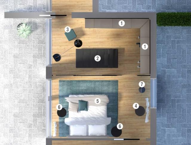 Legenda: 1 Cabina armadio Novenove - 2 Daybed Yard - 3 Seduta Pouf - 4 Pouf Tod - 5 Letto Dream View - 6 Tavolini/comodini Sign - 7 Specchio Mir Legenda: 1 Cabina armadio Novenove - 2 Daybed Yard - 3 Seduta Pouf - 4 Pouf Tod - 5 Letto Dream View - 6 Tavolini/comodini Sign - 7 Specchio Mir
