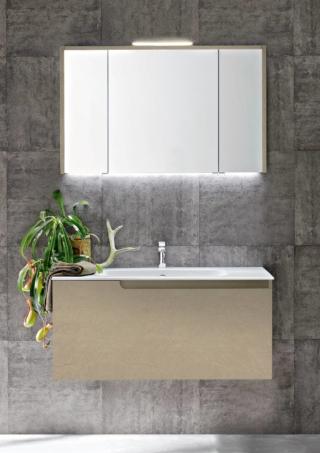 Composizione Ryo di Cerasa in nobilitato creta, costituita da base lavabo con cassetto L. 105 H. 48 P. 51.7, lavabo a consolle Global in ceramica Composizione Ryo di Cerasa in nobilitato creta, costituita da base lavabo con cassetto L. 105 H. 48 P. 51.7, lavabo a consolle Global in ceramica