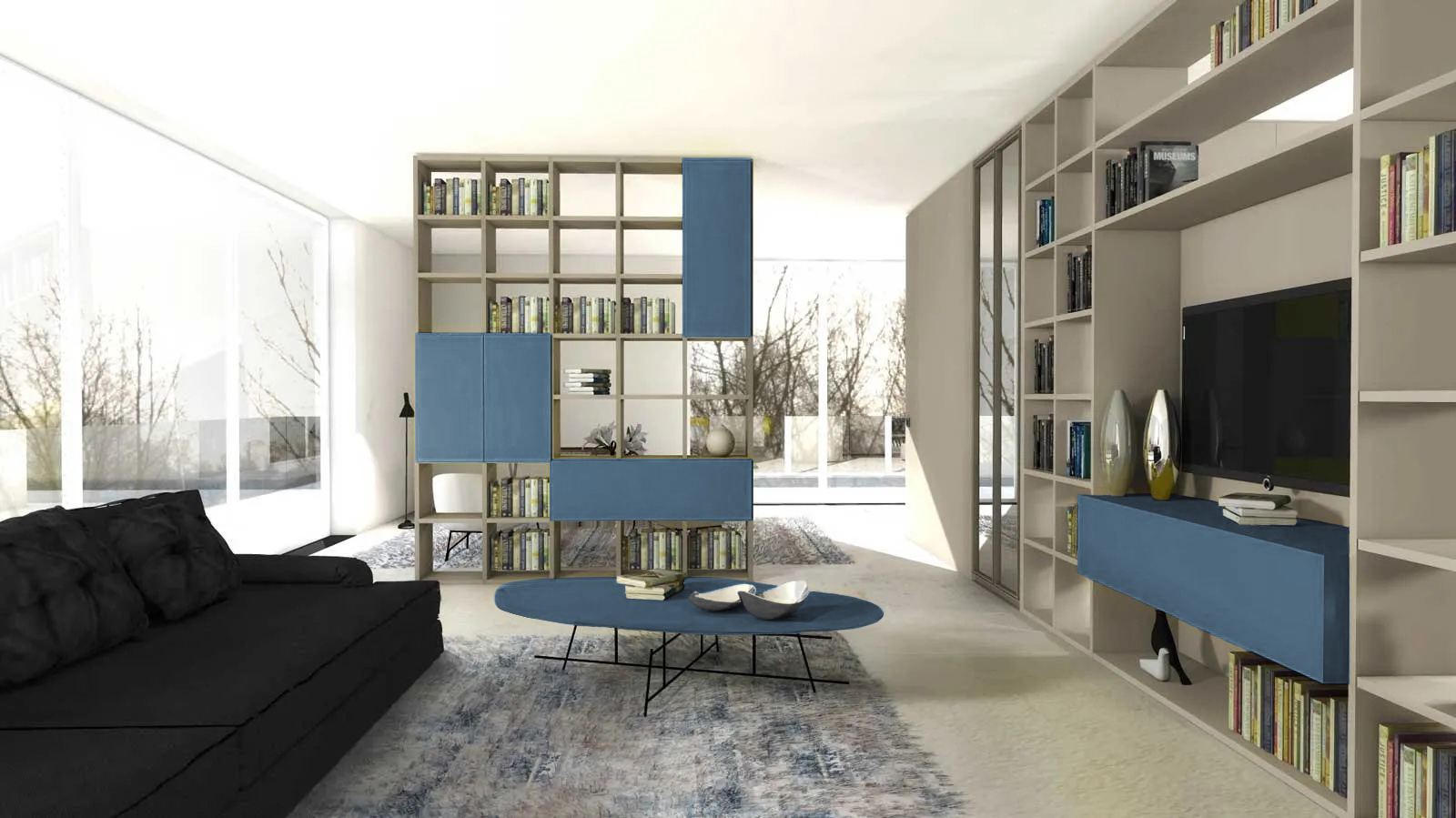 libreria bifacciale che divide soggiorno colore azzurro libreria bifacciale che divide soggiorno colore azzurro
