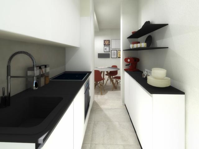 La cucina diventa angolo cottura ed è stata accorciata per far spazio alla zona pranzo pur riuscendo a contenere una comoda parete operativa e basi frontali in profondità ridotta. La cucina diventa angolo cottura ed è stata accorciata per far spazio alla zona pranzo pur riuscendo a contenere una comoda parete operativa e basi frontali in profondità ridotta.