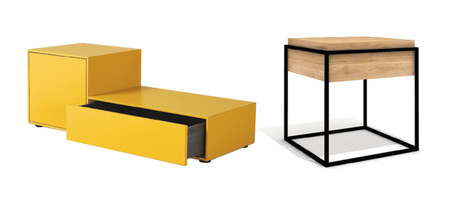 Comodino salvaspazio giallo Truck di Porro e tavolino Monolit di Ethnicraft con piano contenitore apribile in legno di rovere. Comodino salvaspazio giallo Truck di Porro e tavolino Monolit di Ethnicraft con piano contenitore apribile in legno di rovere.