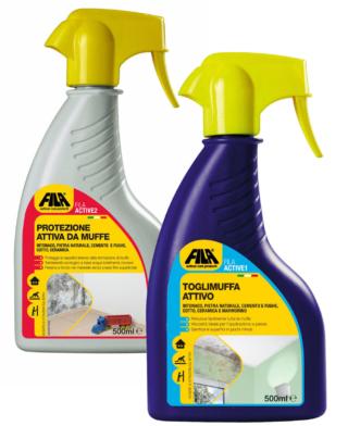 Active 1 e 2 di Fila sono prodotti adatti a togliere la muffa e a prevenirne la formazione su tutte le superfici. Sono disponibili in confezioni spray da 500 ml. Prezzo da rivenditore. www.filachim.it Active 1 e 2 di Fila sono prodotti adatti a togliere la muffa e a prevenirne la formazione su tutte le superfici. Sono disponibili in confezioni spray da 500 ml. Prezzo da rivenditore. www.filachim.it