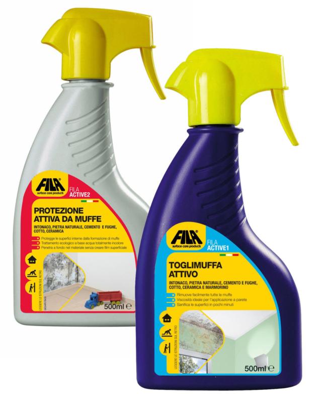Active 1 e 2 di Fila sono prodotti adatti a togliere la muffa e a prevenirne la formazione su tutte le superfici. Sono disponibili in confezioni spray da 500 ml. Prezzo da rivenditore. www.filachim.it Active 1 e 2 di Fila sono prodotti adatti a togliere la muffa e a prevenirne la formazione su tutte le superfici. Sono disponibili in confezioni spray da 500 ml. Prezzo da rivenditore. www.filachim.it