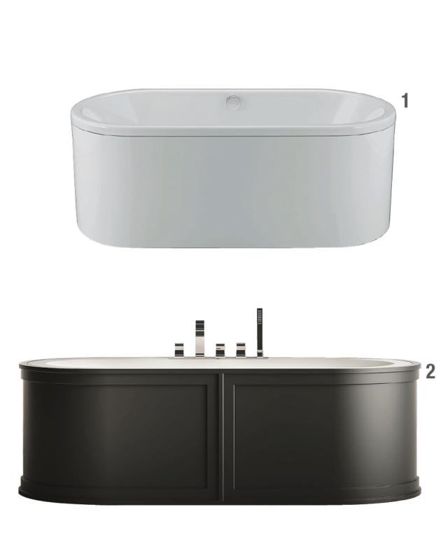 1. È in acciaio smaltato
la vasca Centro Duo Oval
di Kaldewei che misura
L 170 x P 75 e costa
pubblico 4.850 euro.
2. La vasca di forma ovale PayDay di Blu Bleu
è in acrilico bianco satinato con rivestimento retrò
in legno laccato opaco.
Con rubinetteria gruppo vasca da 5 elementi. Misura
L 188 x P 88 x H 61 cm e nella versione con telaio costa
a partire da 5.325 euro. 1. È in acciaio smaltato
la vasca Centro Duo Oval
di Kaldewei che misura
L 170 x P 75 e costa
pubblico 4.850 euro.
2. La vasca di forma ovale PayDay di Blu Bleu
è in acrilico bianco satinato con rivestimento retrò
in legno laccato opaco.
Con rubinetteria gruppo vasca da 5 elementi. Misura
L 188 x P 88 x H 61 cm e nella versione con telaio costa
a partire da 5.325 euro.
