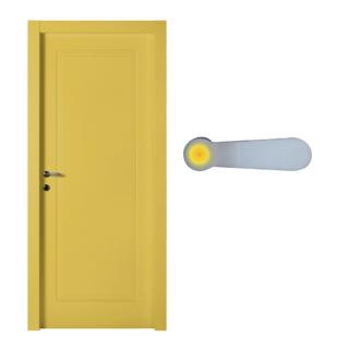 La porta Ri-Tratto di Effebiquattro ha linee geometriche essenziali, con anta pantografata. Telaio e coprifili sono in legno e le cerniere sono a scomparsa. Qui è proposta laccata giallo, ma è disponibile anche bianca o laccata nei colori Ral. Bianca costa 706 euro + Iva, colorata 835 euro + Iva. www.effebiquattro.it Per avere un'uniformità di colore potete scegliere una maniglia con inserto colorato come la porta oppure tutta bianca.