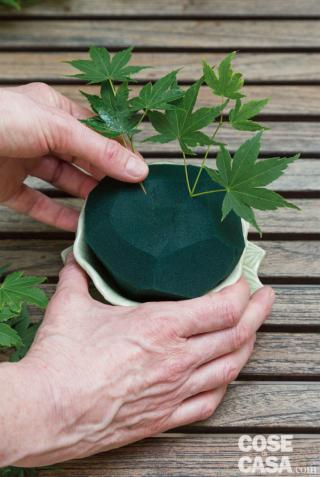 3. Creare una base verde inserendo le cime terminali dei rametti di Acer palmatum, tenendo sempre un’inclinazione obliqua. Lasciare spazio anche per gli altri elementi. 3. Creare una base verde inserendo le cime terminali dei rametti di Acer palmatum, tenendo sempre un’inclinazione obliqua. Lasciare spazio anche per gli altri elementi.