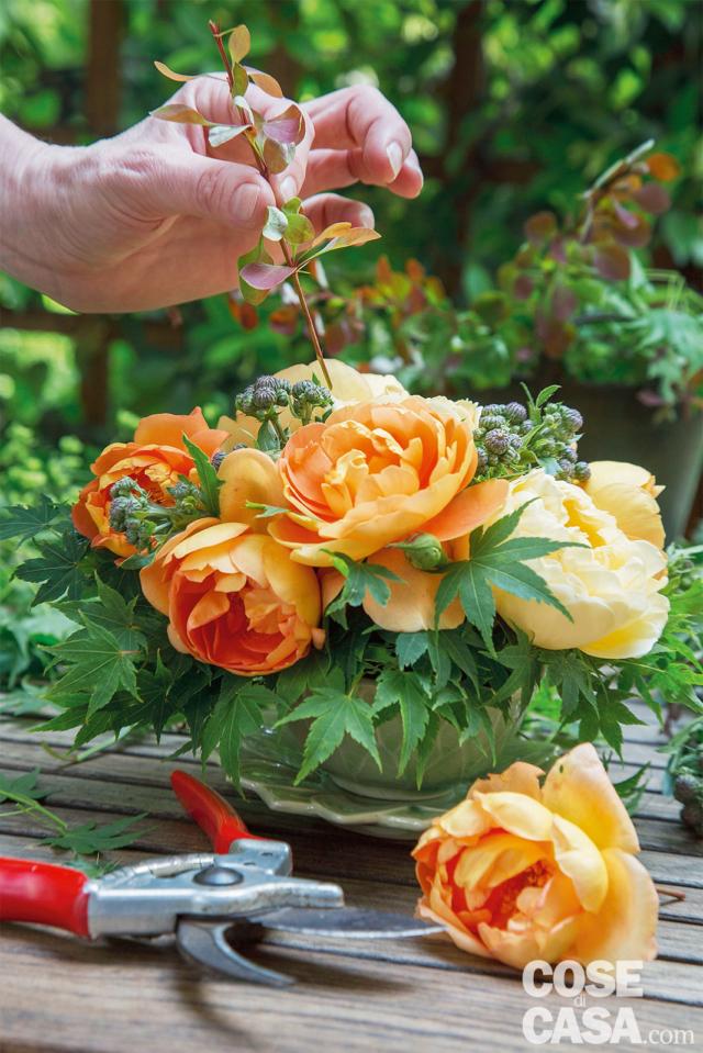 Per ultimare il lavoro dei fiori in tazza, inserire i rametti di Berberis, lasciandoli sporgere dalla composizione per sottolineare le note calde e ambrate dei fiori principali, in contrasto con quelle fresche dei fiori di complemento e delle foglie. Serve anche per movimentare ulteriormente la composizione. Per ultimare il lavoro dei fiori in tazza, inserire i rametti di Berberis, lasciandoli sporgere dalla composizione per sottolineare le note calde e ambrate dei fiori principali, in contrasto con quelle fresche dei fiori di complemento e delle foglie. Serve anche per movimentare ulteriormente la composizione.