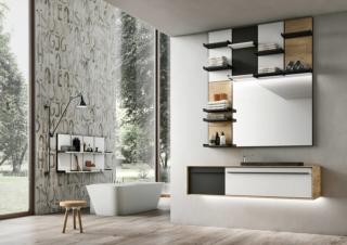 bagno con vetrate vasca freestanding e mobile bagno sospeso legno, bianco e nero con specchio e mensole bagno con vetrate vasca freestanding e mobile bagno sospeso legno, bianco e nero con specchio e mensole