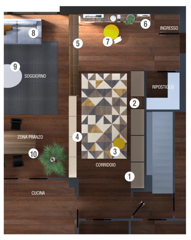 Legenda - 1 Armadio al Centimetro Nur - 2 Inserto a giorno in rovere termotrattato - 3 Tavolino Mr. Zheng - 4 Libreria Selecta laccata - 5 Libreria a ponte Selecta rovere termotrattato - 6 Sistema T030 - 7 Pouf - 8 Divano Aberdeen - 9 Tavolino Cruise - 10 Tavolo Shade e sedie Bailù Legenda - 1 Armadio al Centimetro Nur - 2 Inserto a giorno in rovere termotrattato - 3 Tavolino Mr. Zheng - 4 Libreria Selecta laccata - 5 Libreria a ponte Selecta rovere termotrattato - 6 Sistema T030 - 7 Pouf - 8 Divano Aberdeen - 9 Tavolino Cruise - 10 Tavolo Shade e sedie Bailù