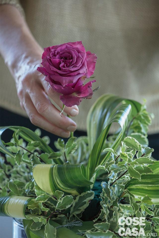 5. Si inseriscono poi i fiori e i rametti di Gaultheria con una leggera inclinazione dall’esterno verso l’interno. Iniziare con le Rosa ‘Blueberry’: porre la prima quasi centrale e le rimanenti ben distribuite, seguite dai dianthus. 5. Si inseriscono poi i fiori e i rametti di Gaultheria con una leggera inclinazione dall’esterno verso l’interno. Iniziare con le Rosa ‘Blueberry’: porre la prima quasi centrale e le rimanenti ben distribuite, seguite dai dianthus.