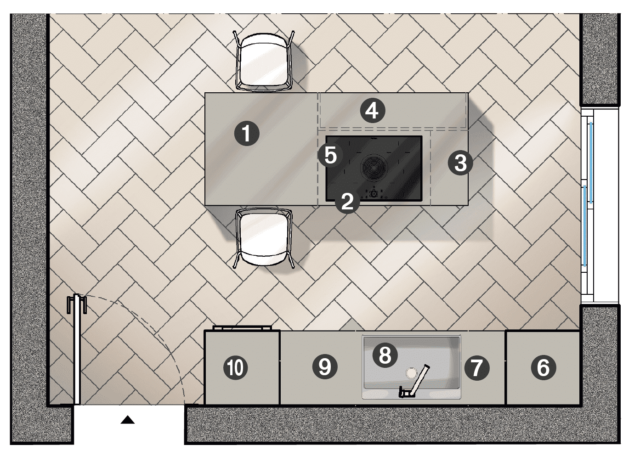 Cucina con blocco lineare a parete e isola coPianta della nuova cucina, composta da un blocco lineare a parete e da una cucina con zona cottura dotata di piano a induzione con cappa integratan zona cottura dotata di piano a induzione e cappa integrata Cucina con blocco lineare a parete e isola coPianta della nuova cucina, composta da un blocco lineare a parete e da una cucina con zona cottura dotata di piano a induzione con cappa integratan zona cottura dotata di piano a induzione e cappa integrata