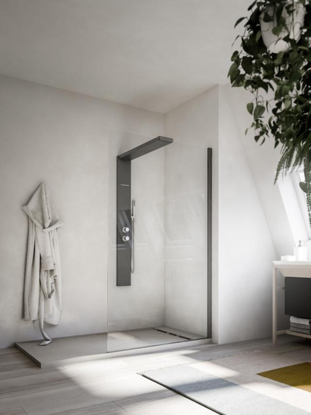 Libera di Glass 1989 la cabina doccia walk-in con colonna integrata, dotata di soffione, cascata, miscelatore e doccetta Libera di Glass 1989 la cabina doccia walk-in con colonna integrata, dotata di soffione, cascata, miscelatore e doccetta