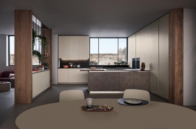 Cucina Lounge di Veneta Cucine, laccato Opaco Grigio Corda, Corten Rosso Dek, Noce Nodoso Cucina Lounge di Veneta Cucine, laccato Opaco Grigio Corda, Corten Rosso Dek, Noce Nodoso