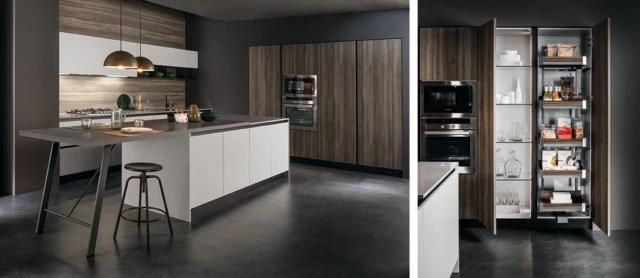 cucina aperta sul living, basi e pensili finitura grigio neutro opaco e carrelli estraibili Cloe di Arredo3 cucina aperta sul living, basi e pensili finitura grigio neutro opaco e carrelli estraibili Cloe di Arredo3