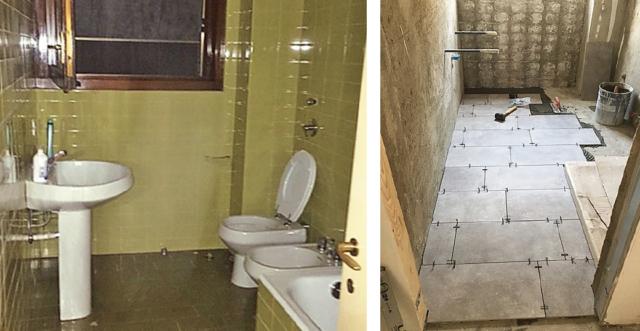 Nel bagno principale dell'abitazione, accessibile dal disimpegno della zona notte, i rivestimenti preesistenti erano costituiti da piastrelle lucide e di piccolo formato, in due tonalità diverse di verde per pavimento e pareti. Le superfici verticali e orizzontali sono ora uniformate da lastre di gres porcellanato grigio di formato più grande. A destra della porta, una volta rimossa la vasca, nella stessa posizione è stato installato un più funzionale e meno ingombrante box doccia, con piatto in ceramica da appoggio sul pavimento e pannellature in cristallo. Nel bagno principale dell'abitazione, accessibile dal disimpegno della zona notte, i rivestimenti preesistenti erano costituiti da piastrelle lucide e di piccolo formato, in due tonalità diverse di verde per pavimento e pareti. Le superfici verticali e orizzontali sono ora uniformate da lastre di gres porcellanato grigio di formato più grande. A destra della porta, una volta rimossa la vasca, nella stessa posizione è stato installato un più funzionale e meno ingombrante box doccia, con piatto in ceramica da appoggio sul pavimento e pannellature in cristallo.