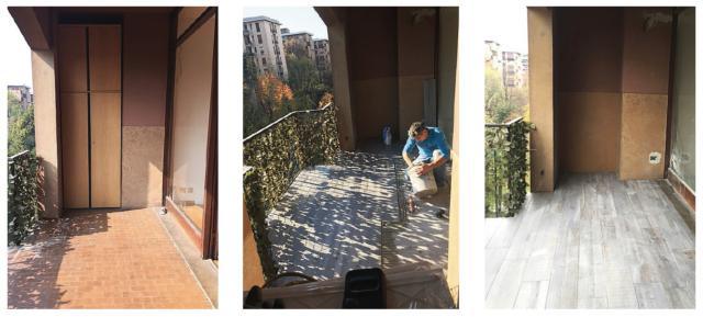 Oltre a dare al terrazzo una connotazione
più attuale e "cittadina", il cambio
di pavimentazione favorisce anche la rifrazione della luce naturale e avvicina cromaticamente l'esterno con l'interno della casa. Prima dell'intervento, il rivestimento a terra era, come si vede nella prima foto a sinistra, in piastrelline color cotto molto convenzionali, del tipo di quelle utilizzate
nei cortili e nei garage. Senza rimuoverle,
sono state coperte da listoni di gres porcellanato effetto legno, di colore grigio chiaro e in finitura opaca, disposti
con posa rettificata. Il nuovo rivestimento
ha comportato un rialzo di quota
di circa 1 cm, e arriva ora a filo della
soglia della vetrata scorrevole
di comunicazione con il soggiorno. Oltre a dare al terrazzo una connotazione
più attuale e "cittadina", il cambio
di pavimentazione favorisce anche la rifrazione della luce naturale e avvicina cromaticamente l'esterno con l'interno della casa. Prima dell'intervento, il rivestimento a terra era, come si vede nella prima foto a sinistra, in piastrelline color cotto molto convenzionali, del tipo di quelle utilizzate
nei cortili e nei garage. Senza rimuoverle,
sono state coperte da listoni di gres porcellanato effetto legno, di colore grigio chiaro e in finitura opaca, disposti
con posa rettificata. Il nuovo rivestimento
ha comportato un rialzo di quota
di circa 1 cm, e arriva ora a filo della
soglia della vetrata scorrevole
di comunicazione con il soggiorno.